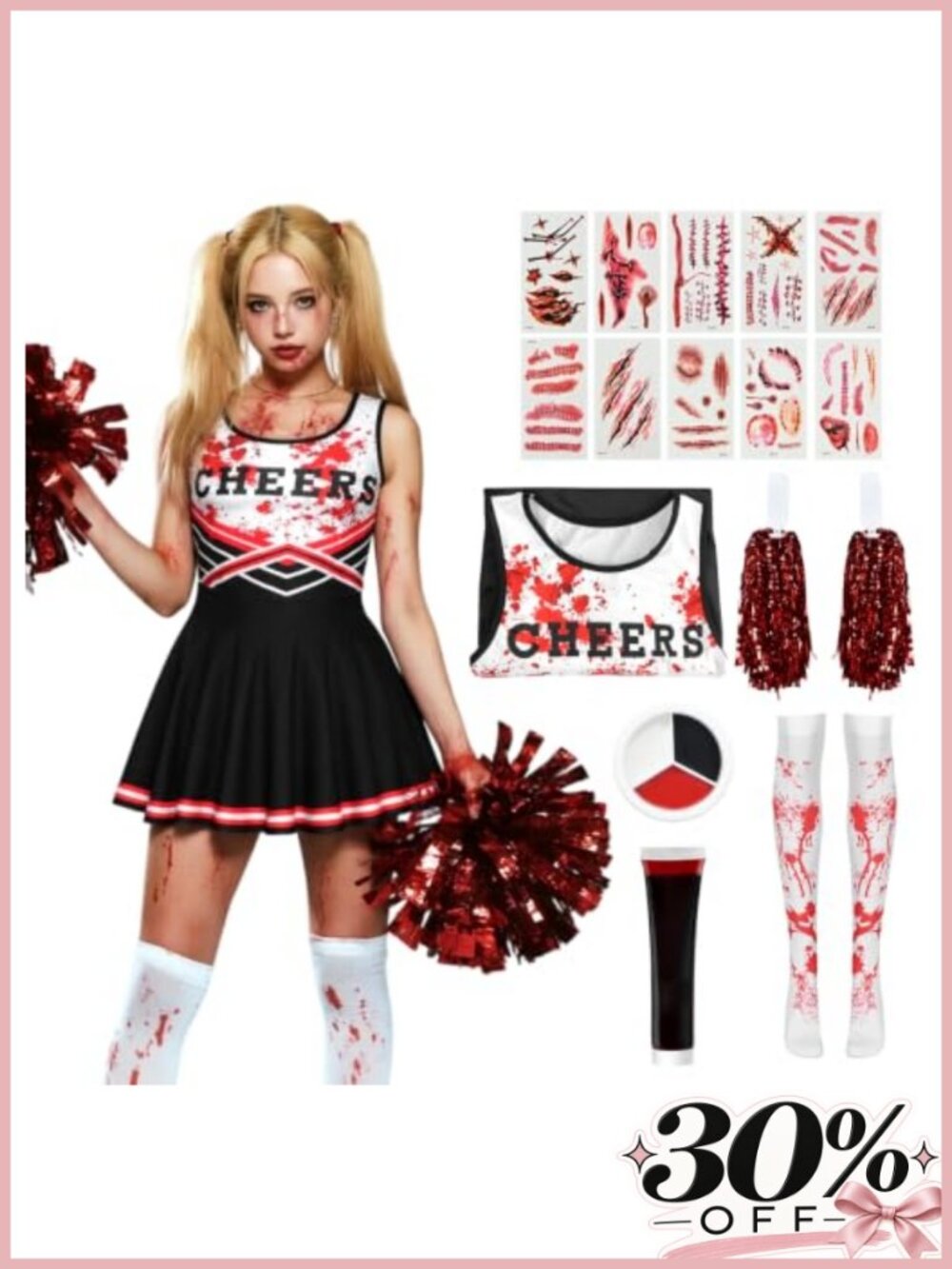 Zombie Cheerleader Costume Women Bloody Halloween Dress Pom Poms Socks